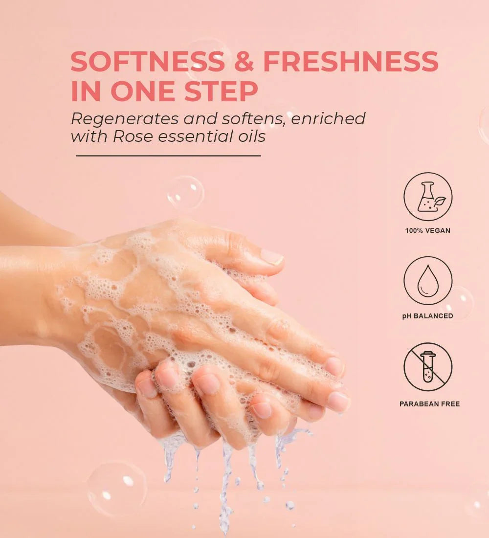 Hands washing with foamy hand soap, vegan, pH balanced, paraben free, rose essential oils