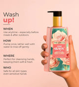 Hand holding The Love Co rose storys hand soap with floral label, pink background, usage tips