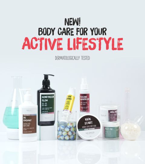New body care range for an active lifestyle, featuring a variety of The Love Co. skincare products, all dermatologically tested.