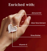 Hand applying cream with labeled ingredients 