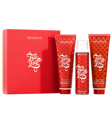 Red 'Fallin Love' product set with 'The Love Co' branding on a white background