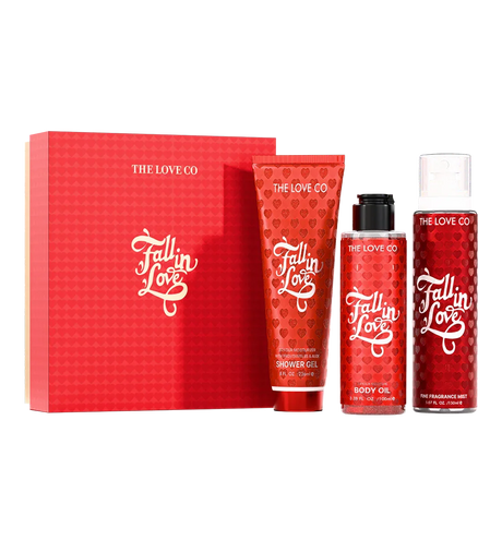 Red 'Fall in Love' product set with 'The Love Co.' branding on a white background