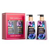 The Love Co Floral Story's hand care duo set with floral design, hand soap and lotion bottles.