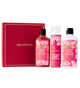 The Love Co Japanese Cherry Blossom gift set with shower gel, mist, and body lotion bottles