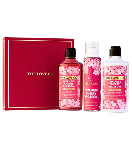 The Love Co Japanese Cherry Blossom gift set with shower gel, mist, and body lotion bottles