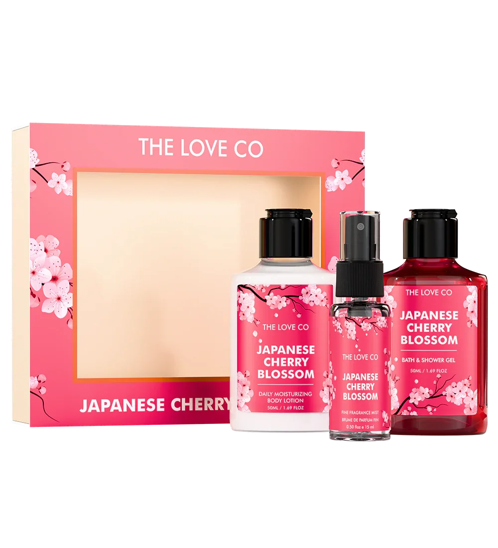 The Love Co Japanese Cherry Blossom gift set with lotion, fragrance mist, and shower gel.