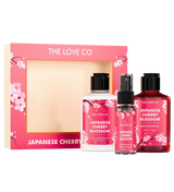The Love Co Japanese Cherry Blossom gift set with lotion, fragrance mist, and shower gel.