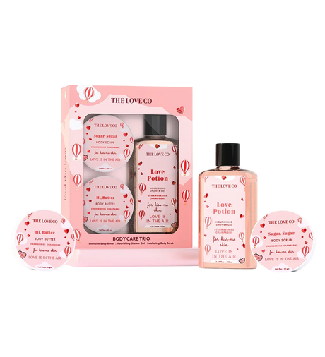 The Love Co Love Potion body care trio set with shower gel, body scrub, and body butter in pink packaging
