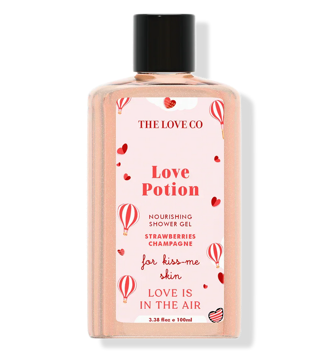 THE LOVE CO Love Potion nourishing shower gel, strawberries champagne scent, 100ml bottle