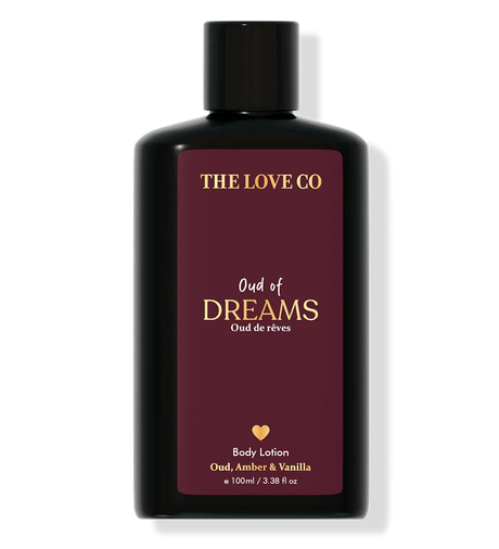 THE LOVE CO Oud of Dreams body lotion 100ml black bottle with maroon label