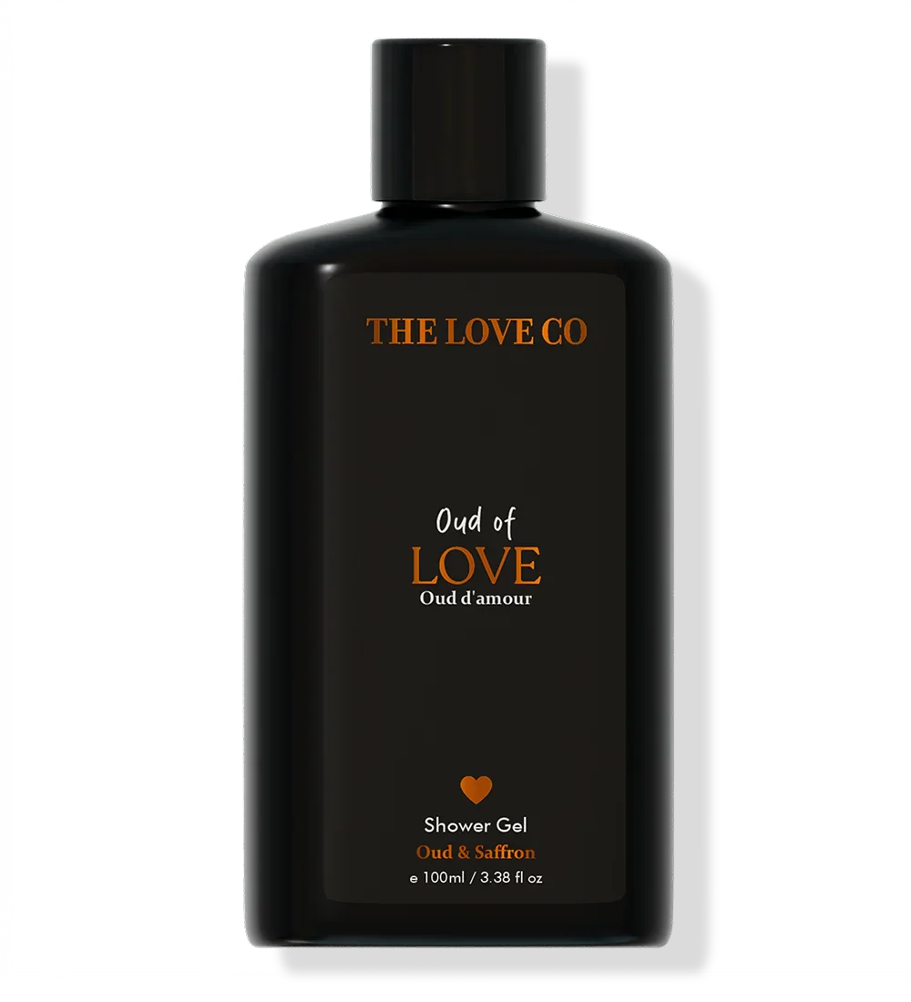 THE LOVE CO Oud of Love shower gel 100ml black bottle, Oud & Saffron fragrance.