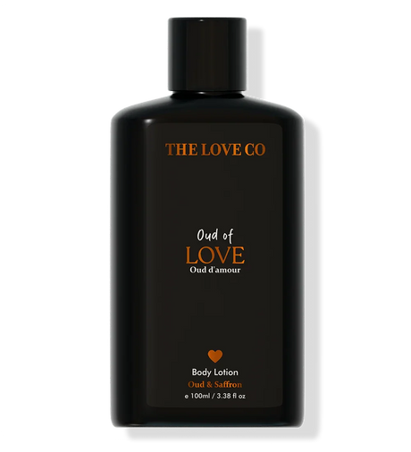THE LOVE CO Oud of Love body lotion bottle, 100ml, black packaging, oud and saffron