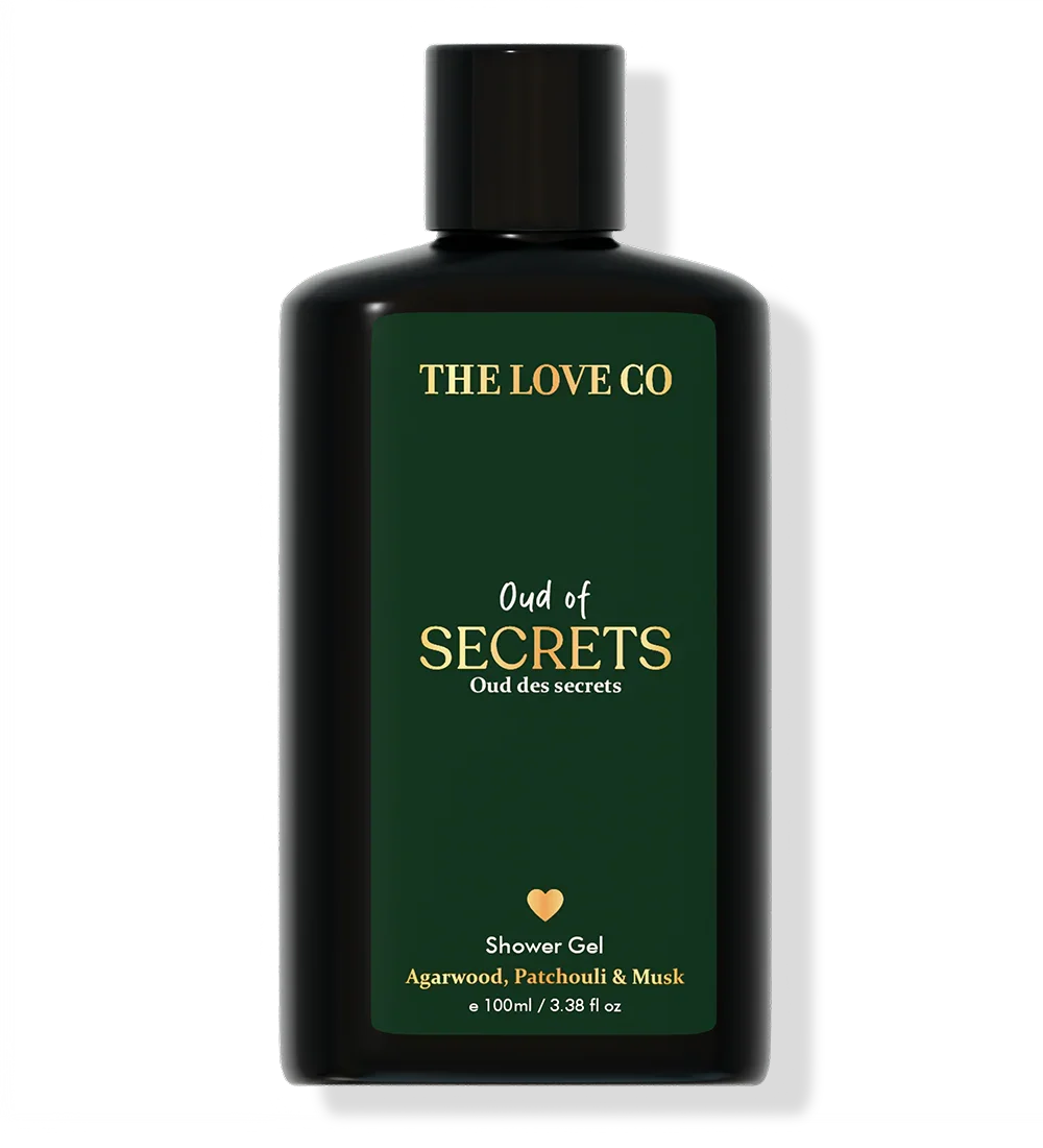 The Love Co Oud of Secrets shower gel bottle 100ml with agarwood, patchouli, and musk.