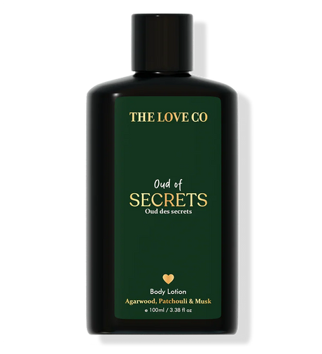 THE LOVE CO Oud of Secrets body lotion 100ml bottle with green and gold label