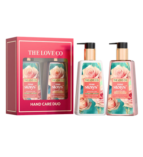 THE LOVE CO Rose Story's hand care duo set with hand soap and hand & body lotion bottles