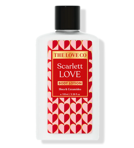 THE LOVE CO Scarlett Love Body Lotion 100ml with shea and ceramides, red heart label design