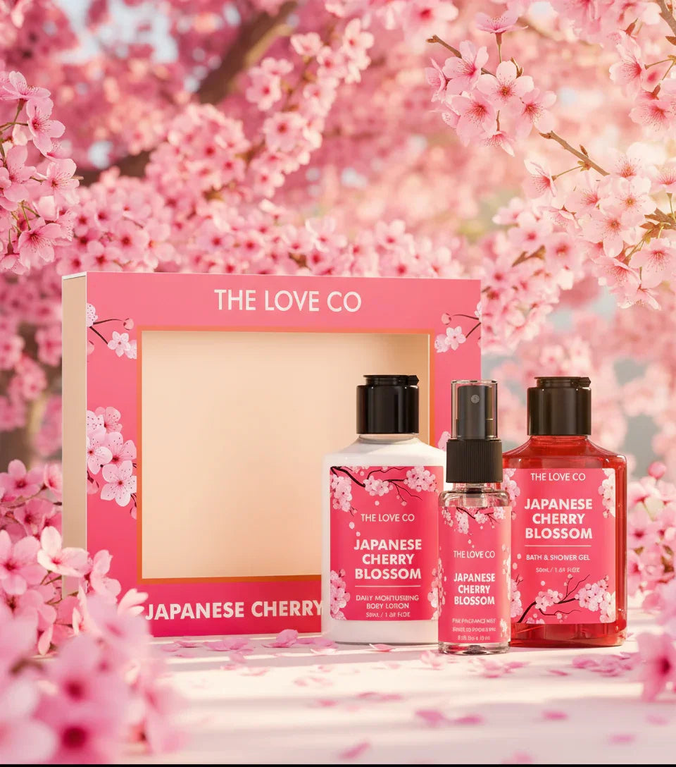 Japanese Cherry Blossom body care gift set by The Love Co with pink blossoms background