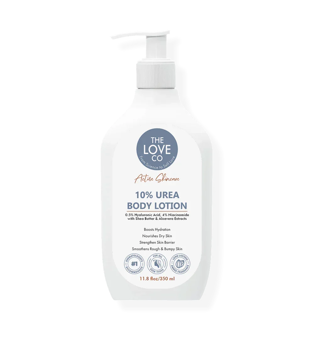 The Love Co 10% Urea Body Lotion bottle for dry skin hydration and barrier repair, 350ml