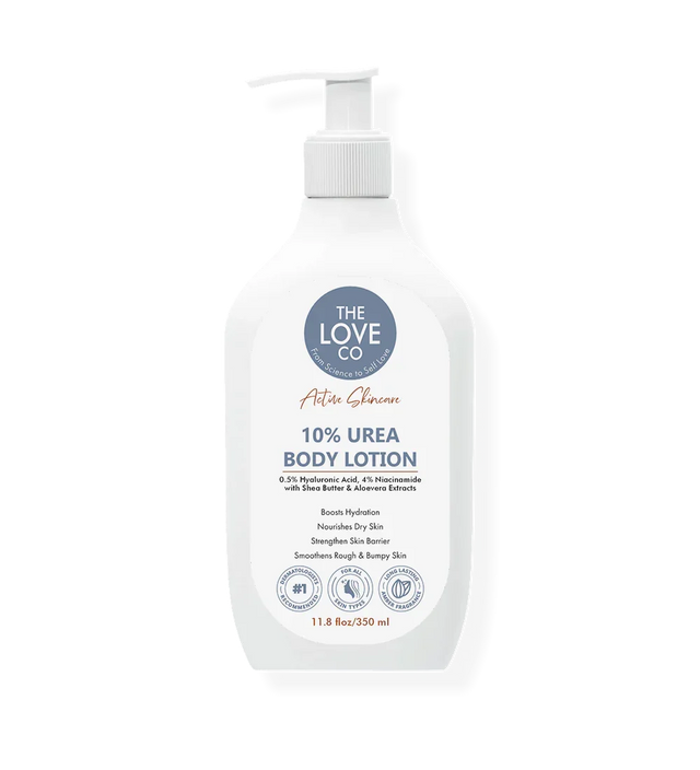 The Love Co 10% Urea Body Lotion bottle for dry skin hydration and barrier repair, 350ml