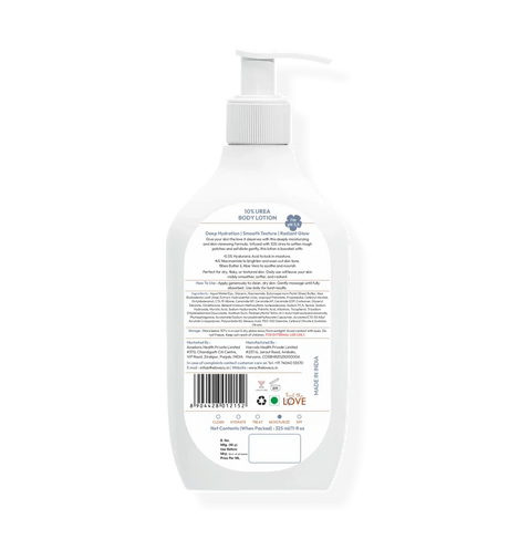Back view of 10% urea body lotion pump bottle with ingredients, usage, and barcode visible