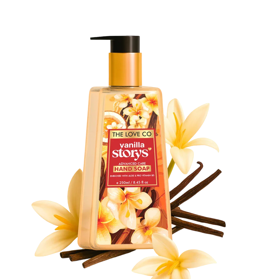 Vanilla hand wash bottle with vanilla flowers and pods, The Love Co Vanilla Storys label