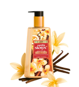 Vanilla hand wash bottle with vanilla flowers and pods, The Love Co Vanilla Storys label