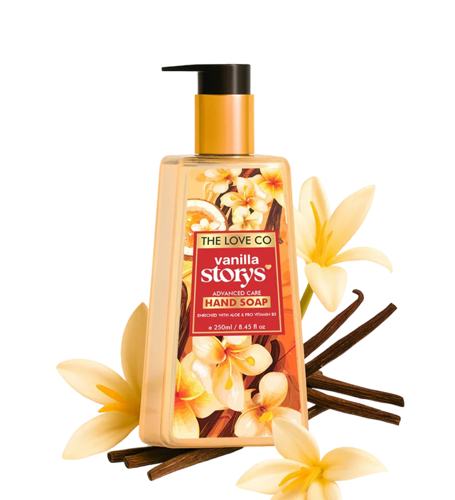 Vanilla hand wash bottle with vanilla flowers and pods, The Love Co Vanilla Storys label