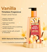 Vanilla hand soap bottle with floral design, bubbles, and moisturizer benefits on light background