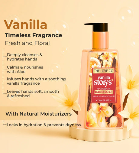 Vanilla hand soap bottle with floral design, bubbles, and moisturizer benefits on light background