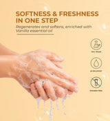 Hands washing with foamy vanilla hand wash, vegan, pH balanced, paraben free, beige background