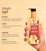 Hand holding The Love Co vanilla hand wash bottle with floral label against a yellow background