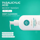 1% salicylic acid body wash bottle for acne, pore cleansing, and gentle exfoliation on teal background
