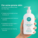 Hand holding The Love Co 1% Salicylic Acid Body Wash for acne-prone skin, teal background