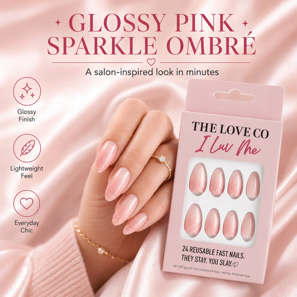 Pink Glitter Almond Press-On Nails