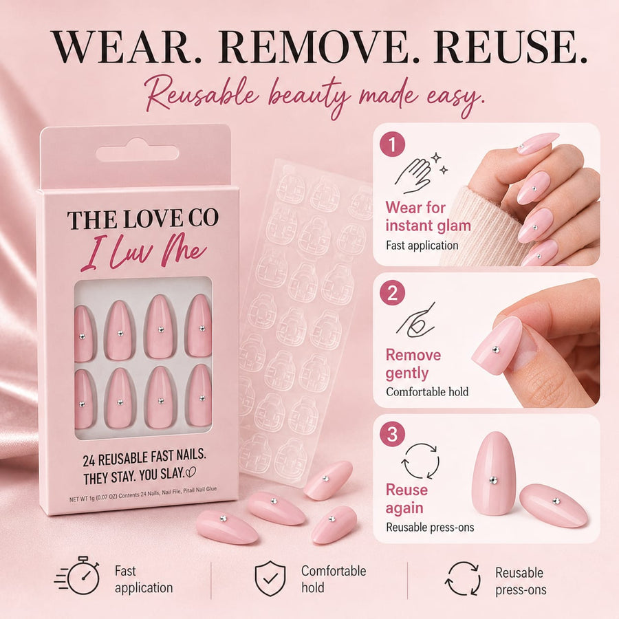 Blush Pink Stud Almond Press-On Nails — Reusable Glam – view 6 | The Love Co