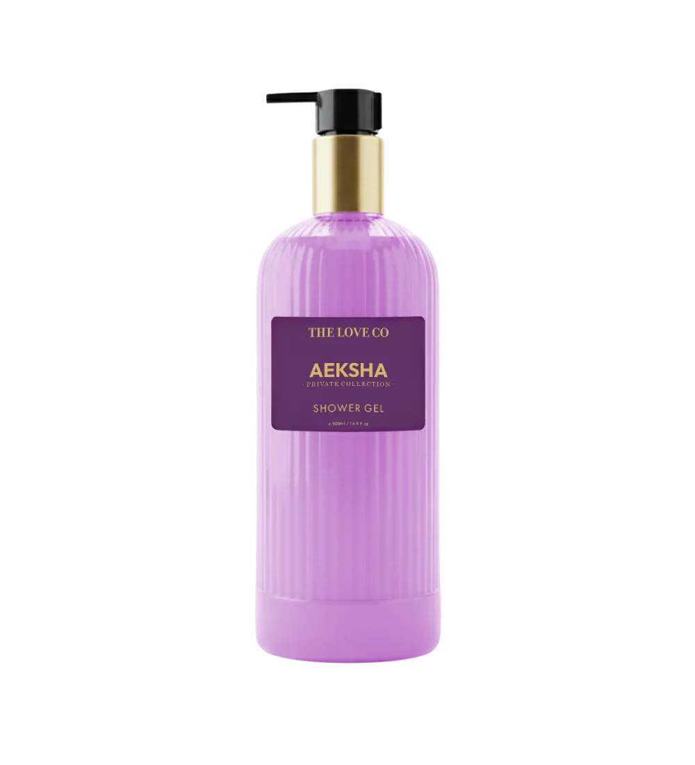 The Love Co Aeksha shower gel in a ribbed lavender bottle with gold and black pump
