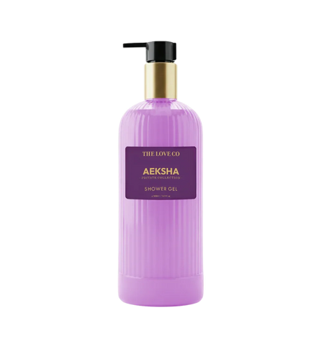 The Love Co Aeksha shower gel in a ribbed lavender bottle with gold and black pump