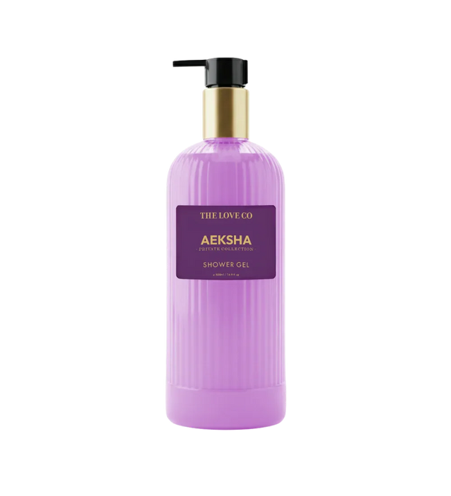 The Love Co Aeksha shower gel in a ribbed lavender bottle with gold and black pump