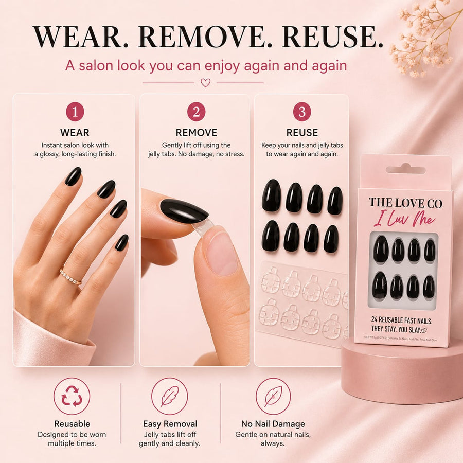 Classic Black Almond Press-On Nails — Reusable, No-Glue – view 4 | The Love Co