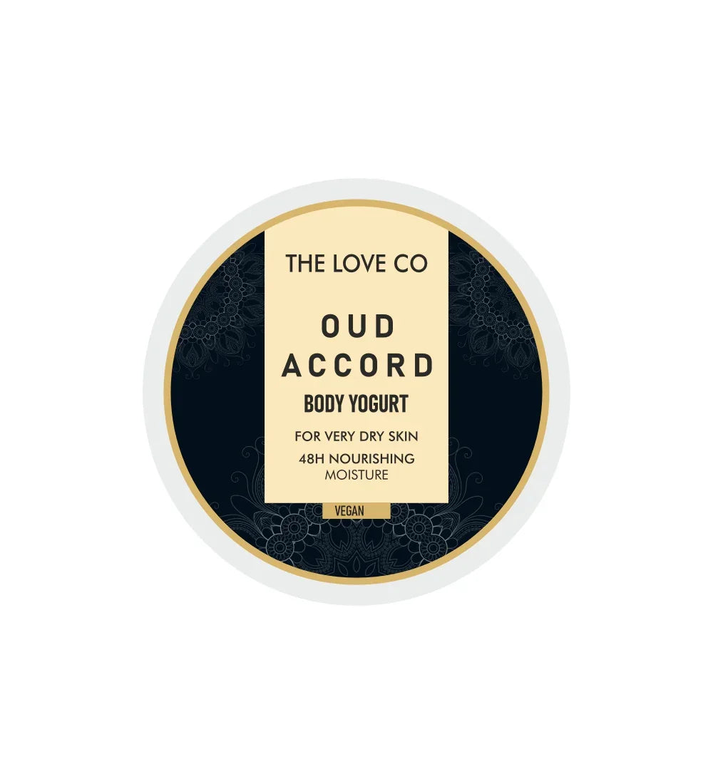 The Love Co Oud Accord body yogurt 200g container for very dry skin, 48h nourishing moisture, vegan.