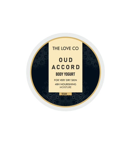 The Love Co Oud Accord body yogurt 200g container for very dry skin, 48h nourishing moisture, vegan.