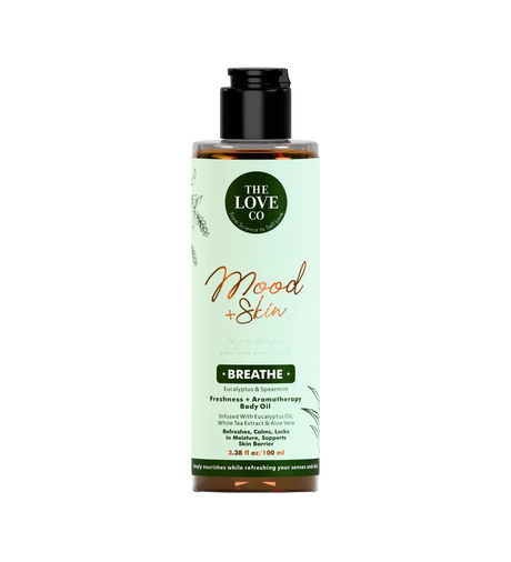 The Love Co Mood + Skin Breathe eucalyptus spearmint aromatherapy body oil bottle on white