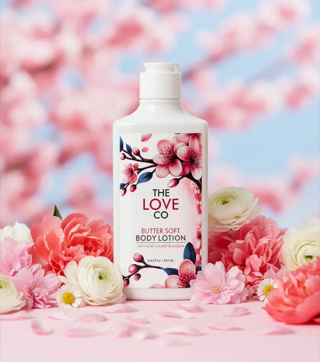 Body lotion bottle with cherry blossom design on a floral background
