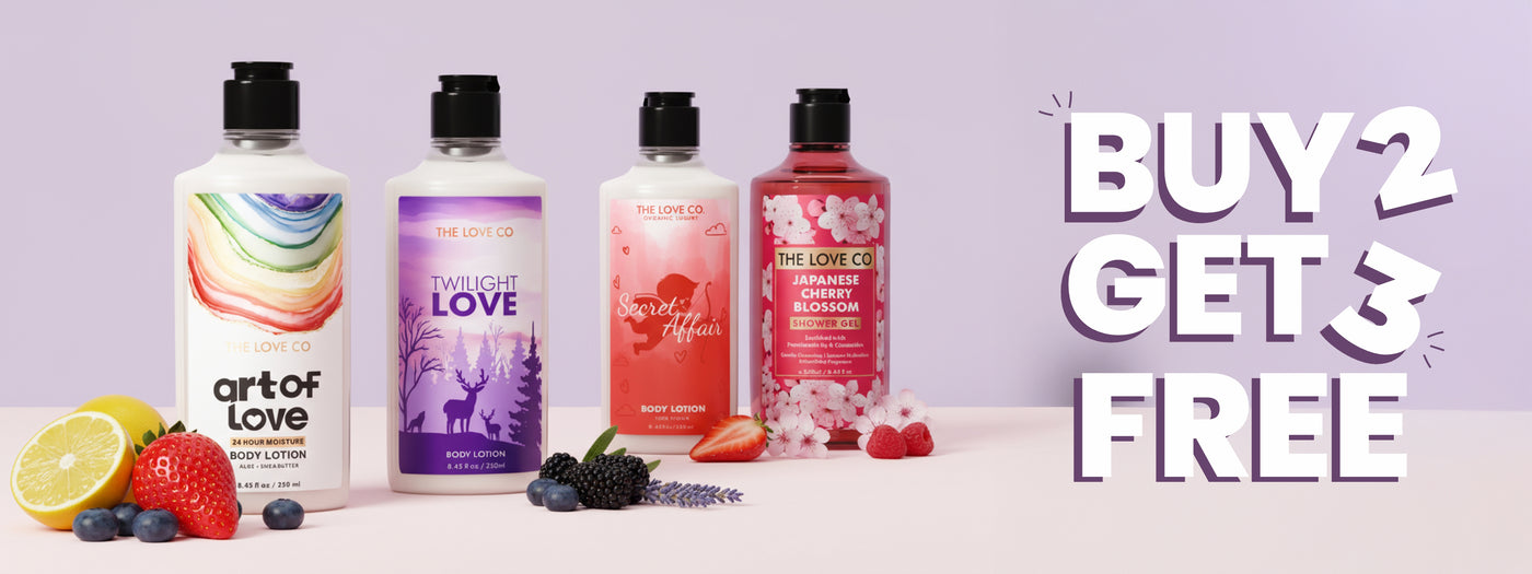 Four bottles of 'art of Love' products on a white surface with a purple background, featuring promotional text.