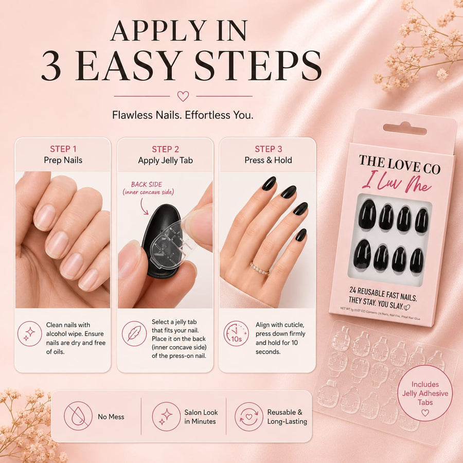 Classic Black Almond Press-On Nails — Reusable, No-Glue – view 2 | The Love Co