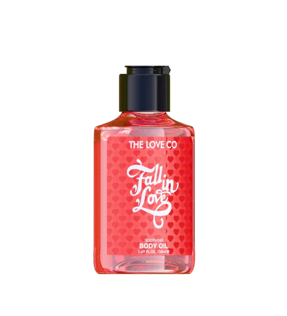 The Love Co Fall in Love soothing body oil 50ml bottle with heart pattern label