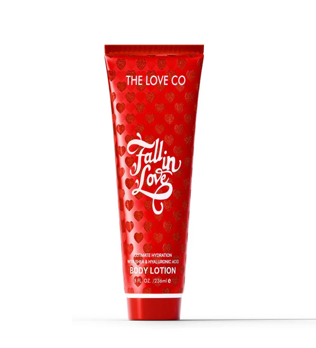 The Love Co Fall in Love body lotion 236ml red tube with gold hearts on white background