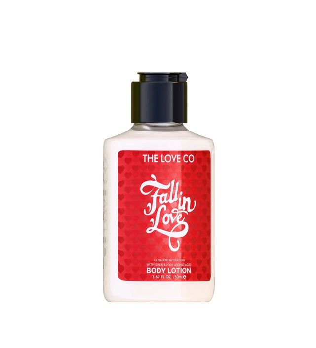 The Love Co Fall in Love body lotion bottle with red heart pattern label