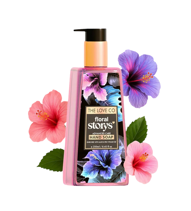 Floral hand wash bottle with hibiscus flowers and leaves, labeled 'The Love Co Floral Storys'.