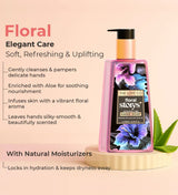 Floral hand soap bottle with vibrant flower design, aloe vera and product benefits displayed.